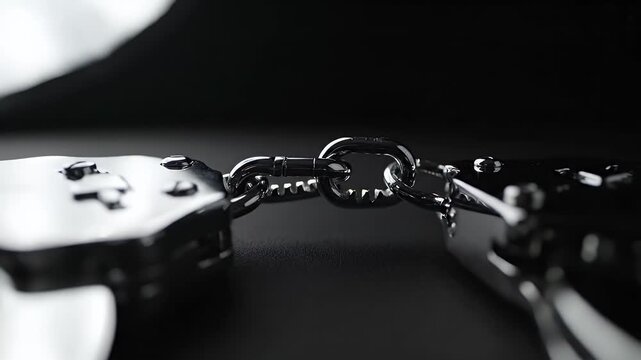 Close Up Metal Handcuffs Reflecting Light Against Dark Background Dramatic Lighting