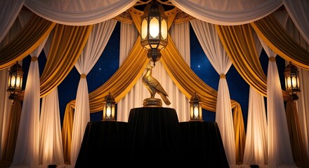 Elegant ramadan kareem greeting with golden curtains and colorful hanging lanterns for islamic holiday celebrations