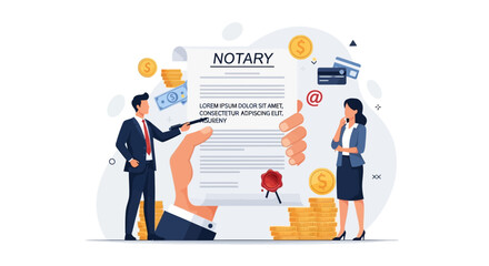 Fototapeta premium Professional Notary Service Illustration Featuring Man and Woman Signing Document with Notary Stamp and Coins