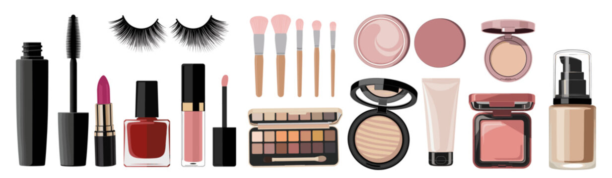 Clean flat lay vector illustration of assorted makeup products on transparent background in pink, beige, black and red tones, ideal for beauty branding and marketing