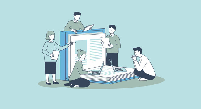 Group of people collaborating on a large document around a workspace with laptops and papers, viewed from above in a modern environment