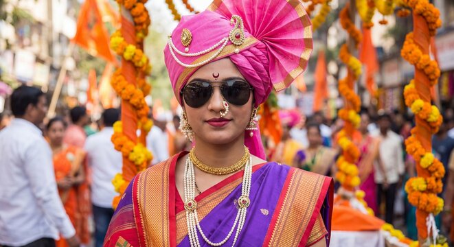 Portrait of young Indian woman wearing traditional Nauvari saree and pink turban with sunglasses at Gudi Padwa festival procession
