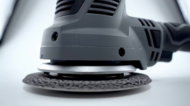Close up of a gray random orbital sander on a white background with bright studio lighting and textured sanding pad detail