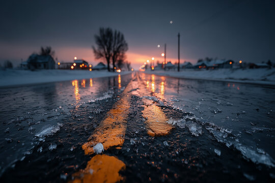 Empty icy road covered with black ice in winter, warning winter driving conditions, minimalistic composition, moody cold atmosphere, high realism
