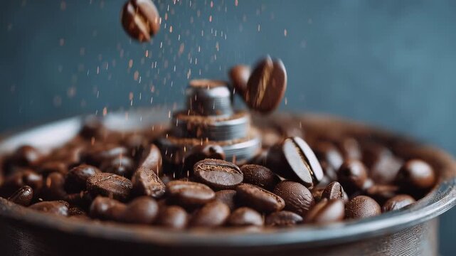 Coffee beans flying above a grinder bowl with ground coffee dust in a dramatic close up