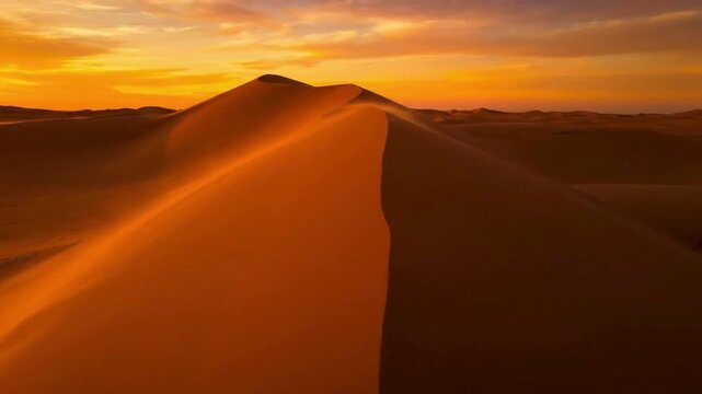 A majestic scene of rolling sand dunes illuminated by the golden hour light, with the sky ablaze in warm hues. The photo encapsulates the raw beauty and tranquility of the desert landscape.