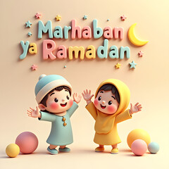 Fototapeta premium Marhaban ya Ramadan 3D illustration of cute Muslim children celebrating Ramadan with joyful Islamic theme
