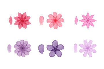 Fototapeta premium Six distinct watercolor flower and petal illustrations are arranged on a clean white background. Various shades of pink, red, purple, and lavender highlight these decorative artistic elements.