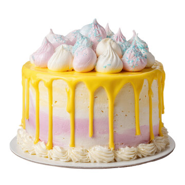Elegant lemon layer cake with yellow dripping glaze and pastel meringue swirls ,isolated on transparent background