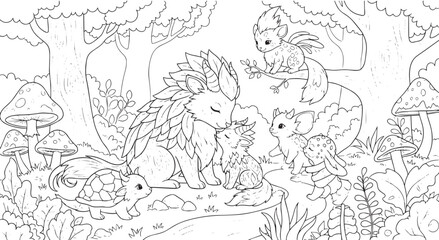 Naklejka premium Enchanted Forest Scene with Mythical Creatures and Mushrooms Coloring Page