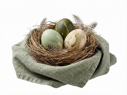 Decorative Easter eggs nestled in a natural straw nest