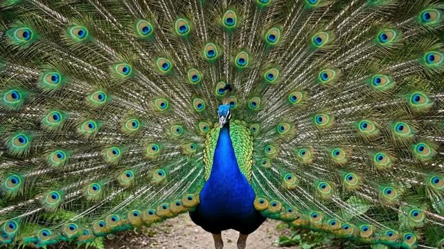 A magnificent peacock in full display, showcasing its vibrant feathers, an awe-inspiring moment of natural beauty.