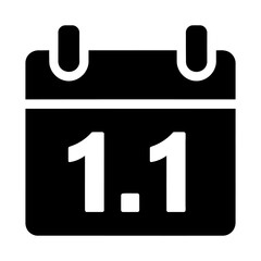 Obraz premium Calendar icon showing date 1.1 representing January 1st or New Year's Day. Simple black glyph style symbol for scheduling, agenda, and time management interfaces.