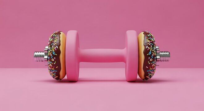 Creative healthy lifestyle concept with dumbbell and donuts on pink background