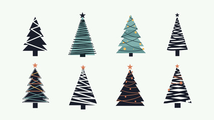 Obraz premium Collection of stylized christmas trees in dark and light teal colors with simple line patterns and stars for modern winter designs.