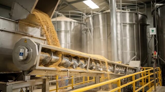 Medium shot of a screw conveyor transferring grains from the unloading area into storage silos showcasing mechanical handling in a food production facility.