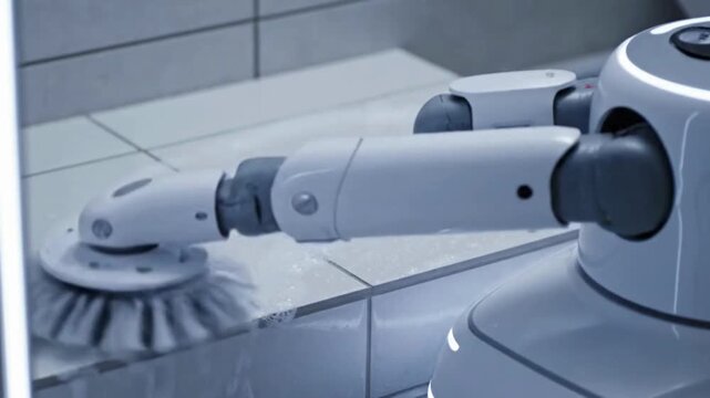 An advanced cleaning robot diligently scrubs tile, embodying the cutting-edge of automated hygiene and the future of effortless maintenance.