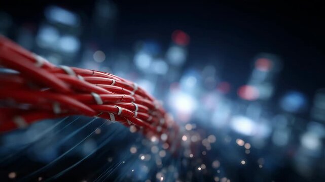 6A red network cable suspended mid-air in a dark studio, warning sign illuminated by a focused spotlight, floating particles and subtle digital grid in the background symbolize vuln