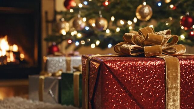 Decorating a Christmas tree and wrapping gifts near a fireplace during the holiday season at home