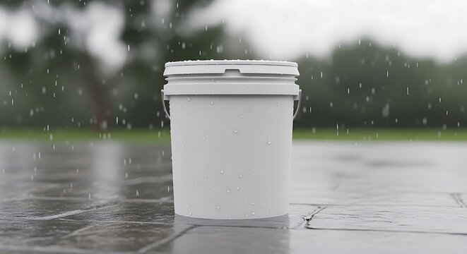White 5 gallon pail with lid on wet stone floor in the rain outdoors