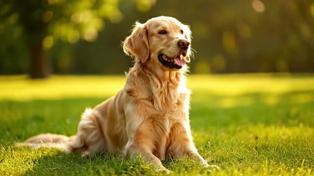 A golden retriever lies contentedly on a bed of green grass, bathed in sunlight. The dog, its fur gleaming, looks towards the bright illumination that exudes joy and comfort.