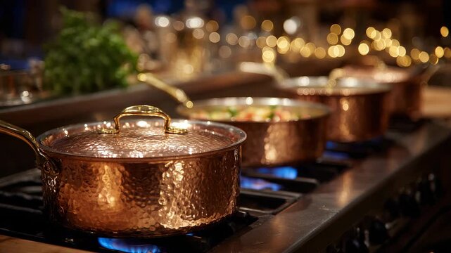 69Close-up of a row of copper pots on a stovetop, each reflecting soft kitchen lights, subtle patina and handcrafted texture visible, premium cookware stock image with warm, inviting