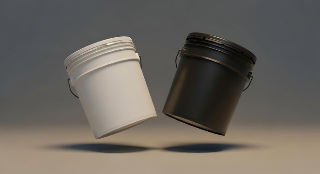 5 gallon pail, white and black plastic buckets levitating in studio setting