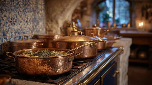 65Set of vintage copper pots and pans arranged on a classic stove, patina and subtle wear visible, warm ambient lighting, rustic kitchen environment, nostalgic culinary tradition mee