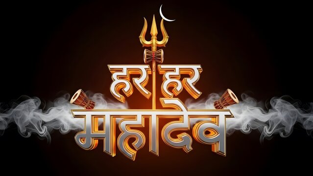 Har har mahadev hindi text with golden trishul, moon, and smoke on dark background