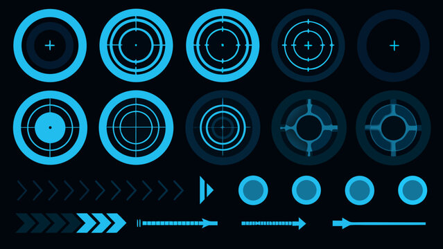 Abstract blue targeting reticles and directional elements on a dark background
