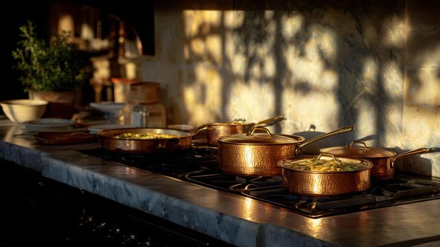 71Artistic composition of copper cookware heating on a stove at dusk, warm light from the kitchen blends with cooler ambient tones, reflections and shadows add depth, timeless elegan