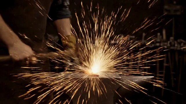 A skilled artisan sparks a shower of fiery artistry with precision and focus, forging a captivating display of human endeavor and technical finesse in the heart of a workshop.