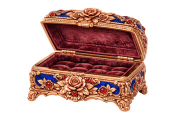 Ornate antique jewel box storing treasures, decorated with gold, blue enamel, red gems, and velvet interior on transparent background
