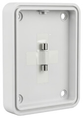 White electrical junction box with glass fuse taped to the center on a transparent background