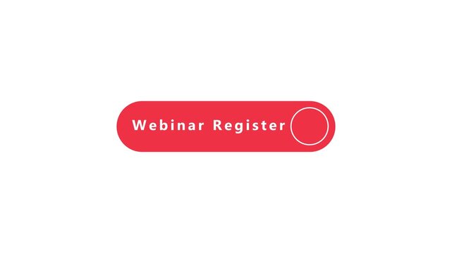 Red rounded button with text Webinar Register and a circular outline on white background signup event