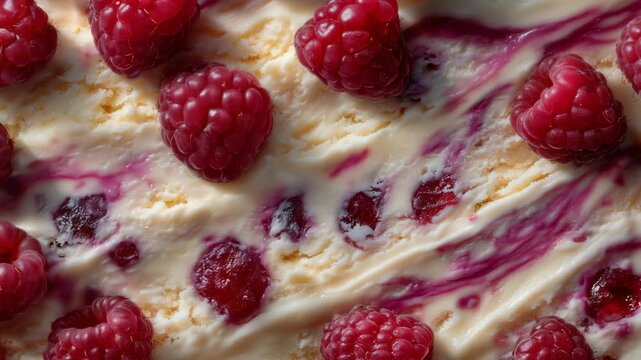 465Macro shot of creamy ice cream with pink and white swirls, raspberries and small fruit chunks embedded, smooth, glossy surface, soft natural lighting highlighting texture and fresh