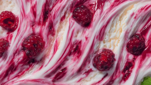 472Close-up of fruit ice cream in bowl, pink and white creamy swirls, raspberry chunks embedded, smooth texture with highlights and shadows accentuating curves, appetizing summer dess