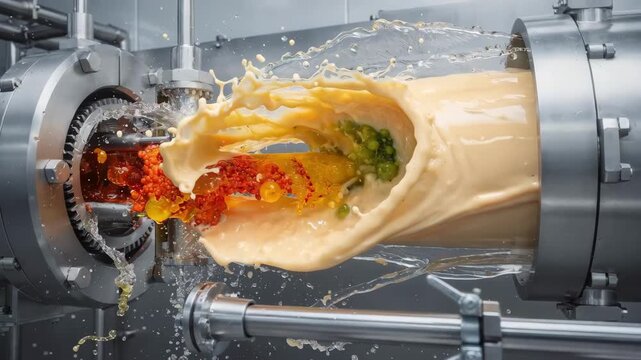 Inline highshear emulsification process captured midaction with emulsifiers dispersing colorful oil extracts seamlessly into flowing water for continuous food production.