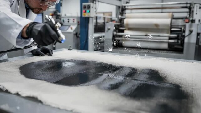Medium shot of a technician applying carbonbased antistatic coating to technical fabric demonstrating charge control properties in advanced textile manufacturing.