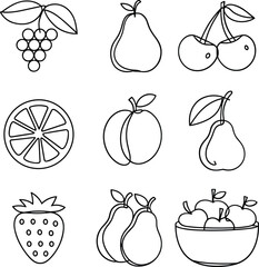 Black and white line art illustrations of various fruits grapes