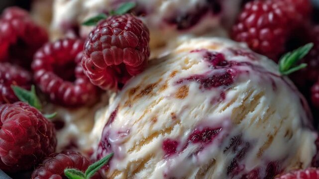 483Close-up of creamy ice cream with fruit ribbons, pink and white swirls, fresh raspberries and berry compote streaks visible, detailed texture showing softness and gloss, appetizing