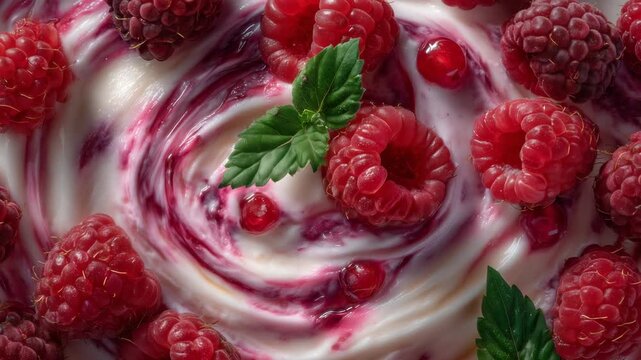 484Extreme close-up of pink and white ice cream with fruit chunks, raspberries and small strawberries embedded, smooth creamy texture with swirling patterns, glossy highlights, realis