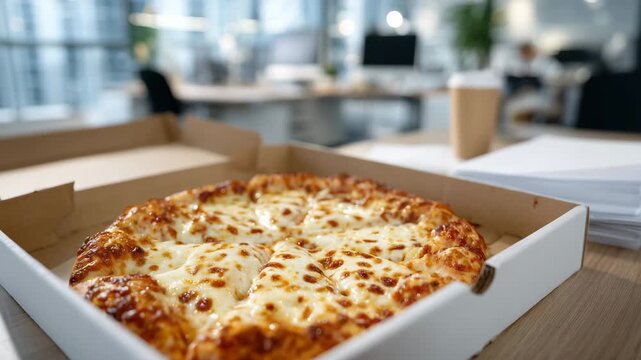 487Close-up of a hot pizza in an open cardboard box on an office desk, melted cheese and toppings glistening, office supplies slightly blurred in background, casual pizza delivery sce