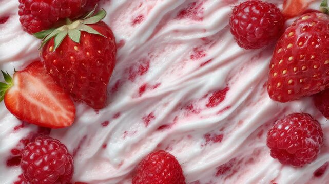 485Extreme close-up of pink and white ice cream with fruit chunks, raspberries and small strawberries embedded, smooth creamy texture with swirling patterns, glossy highlights, realis