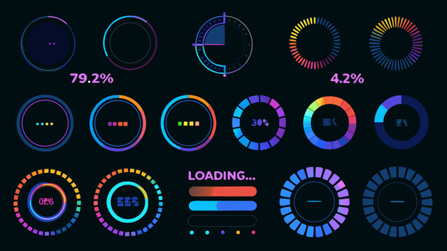 Collection of colorful circular loading progress indicators and percentage displays