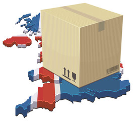 3D illustration of a large cardboard shipping parcel on a map of the United Kingdom (UK) with the Union Jack flag colors, representing British e-commerce, export, and international shipping (cut out)