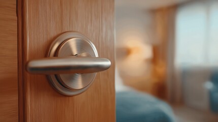 Obraz premium A door handle is shown in a room with a bed and a lamp