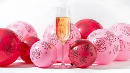 Celebratory champagne with rose balloons