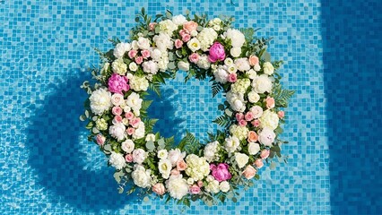 Floral wreath floating in a pool