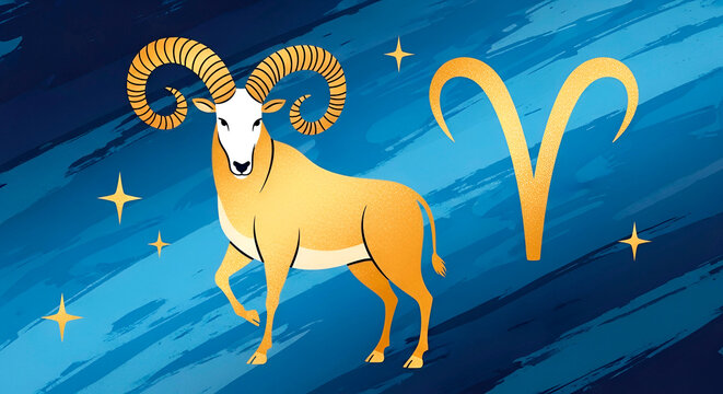 An abstract image of the Aries zodiac sign in gold tones on a blue background with sparkling stars. Modern graphic design.